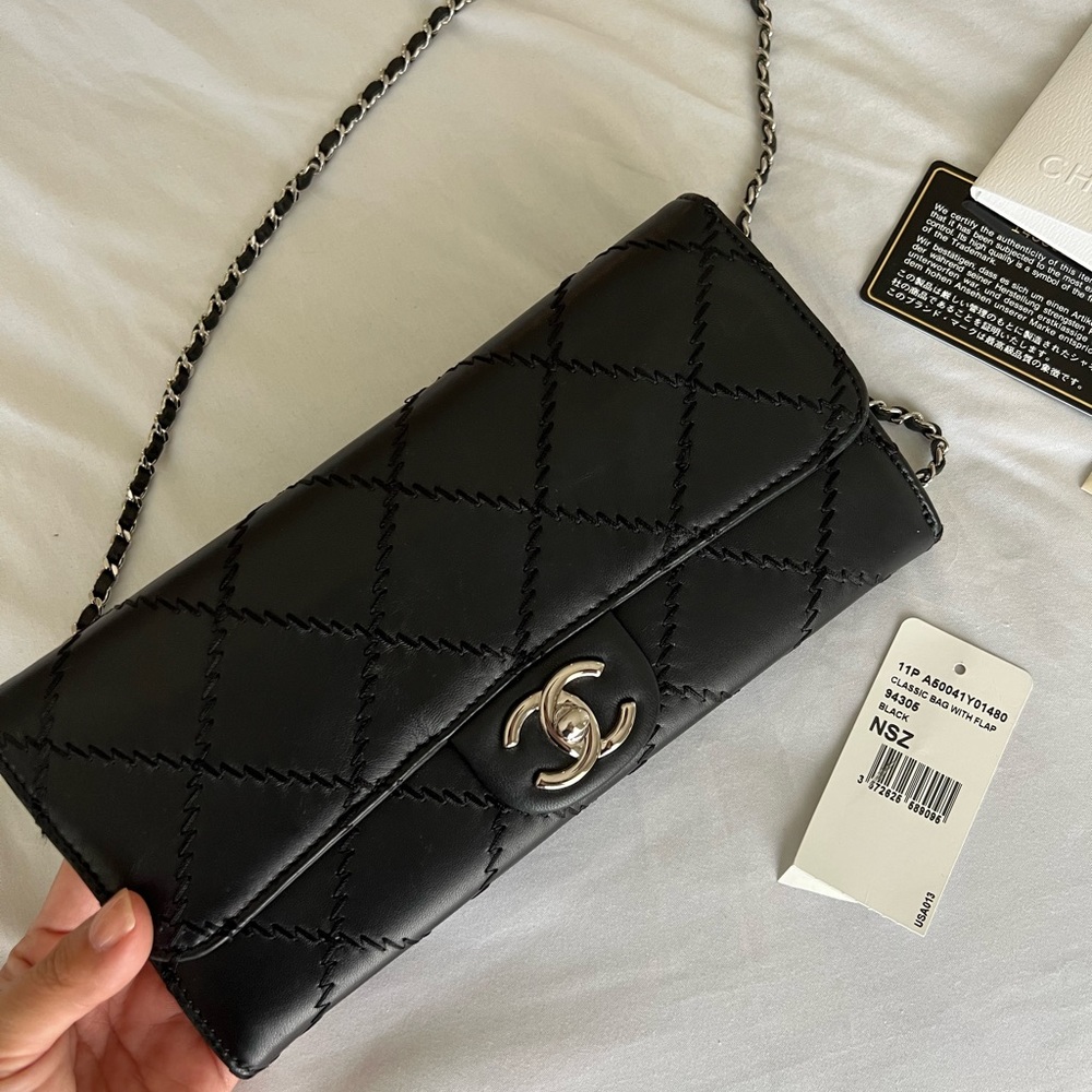 Authentic Chanel Classic Flap Clutch with Chain with Big Stitching
